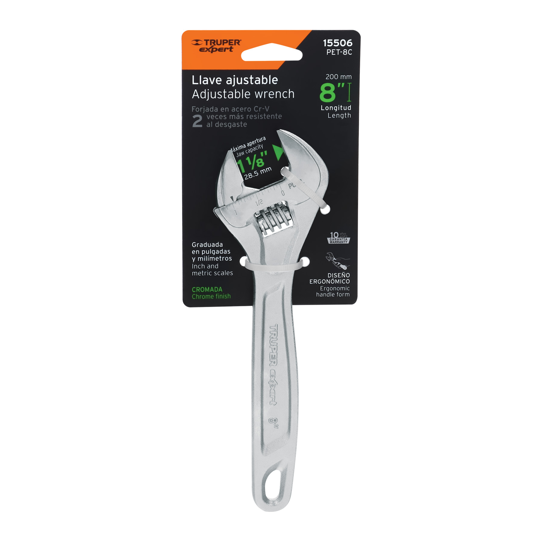 LLAVE AJUSTABLE (PERICO) 8″ PROFESIONAL CROMADA, EXPERT