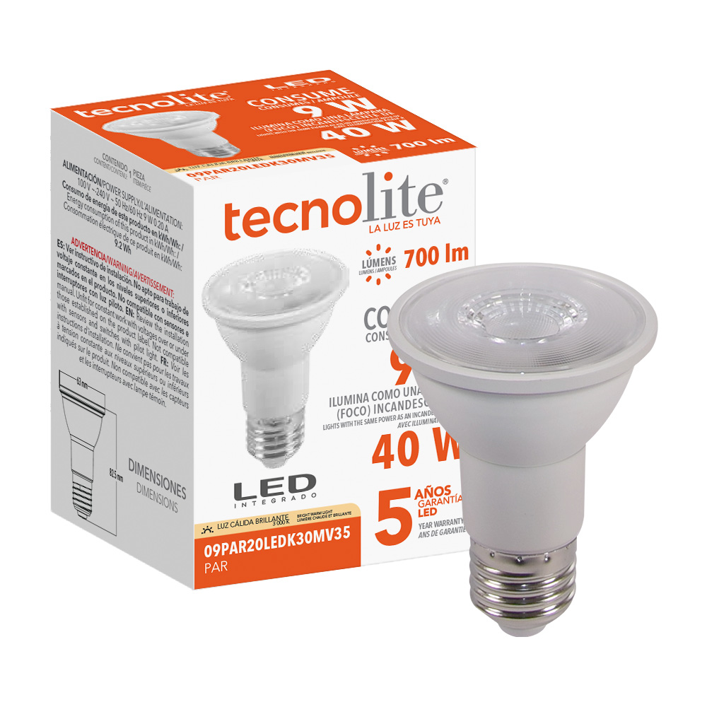 FOCO PAR20 LED 9 W, BASE E27, LUZ CÁLIDA BRILLANTE, MULTIVOLTAJE, IP65.