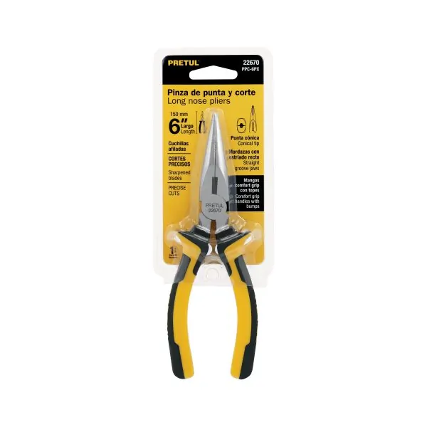 PINZA DE PUNTA Y CORTE 6" MANGO COMFORT GRIP, PRETUL